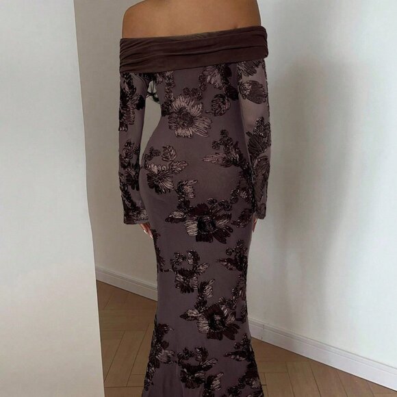 Coffee Brown Elegant Women's Floral Embroidery Off-Shoulder Maxi Dress - Picture 2 of 6